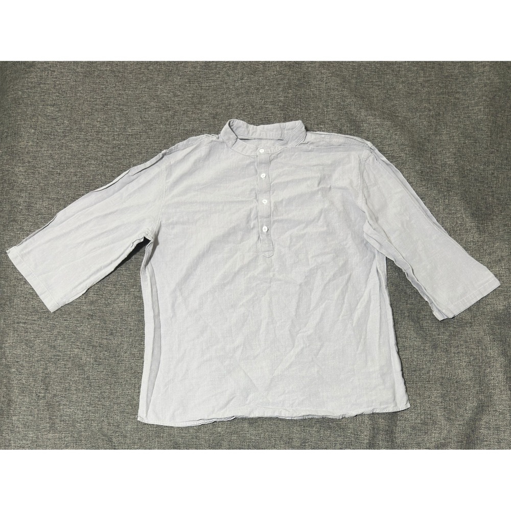 Unbranded Men's L Henley Shirt Cotton Linen Grey 3/4 Sleeve Casual